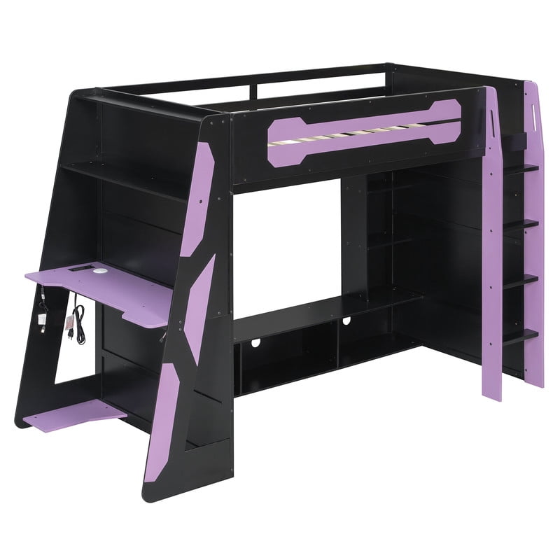 Twin Size Gaming Loft Bed with Desk and RGB LED Light, Wooden Loft Bed Frame with Workstation and Storage Shelves for Bedroom, Dorm Room