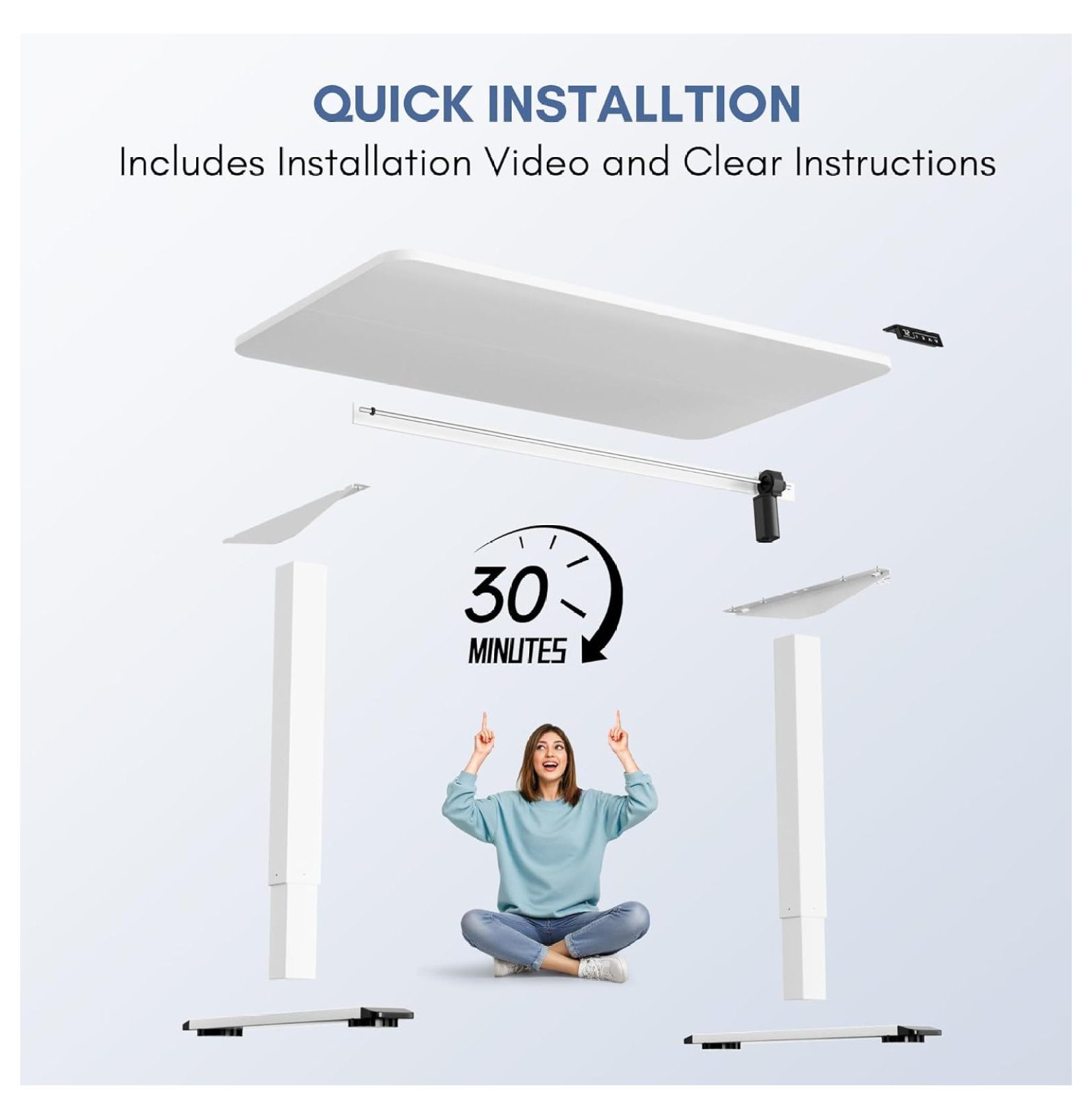 WDZS Electric Height Adjustable Standing Desk Large 48 x 24 Inches Sit Stand up Desk Home Office Computer Desk Memory Preset with T-Shaped Metal Bracket, White