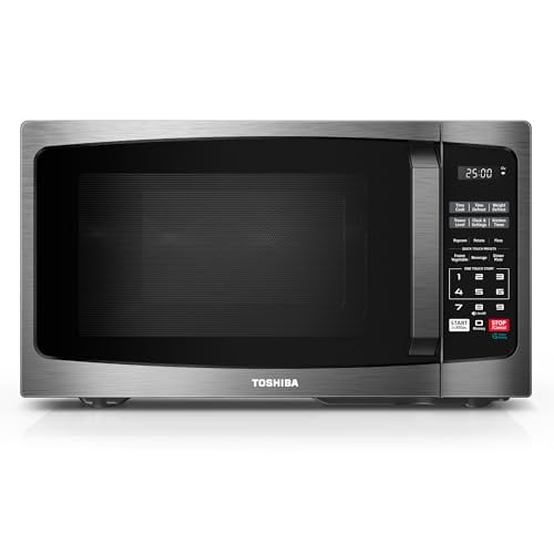 Horno microondas pequeño TOSHIBA ML-EM09PA(BS) con 6 menús automáticos, función de silencio y bloqueo para niños, iluminación LED, ideal para apartamentos, 0.9 pies cúbicos, plato giratorio extraíble