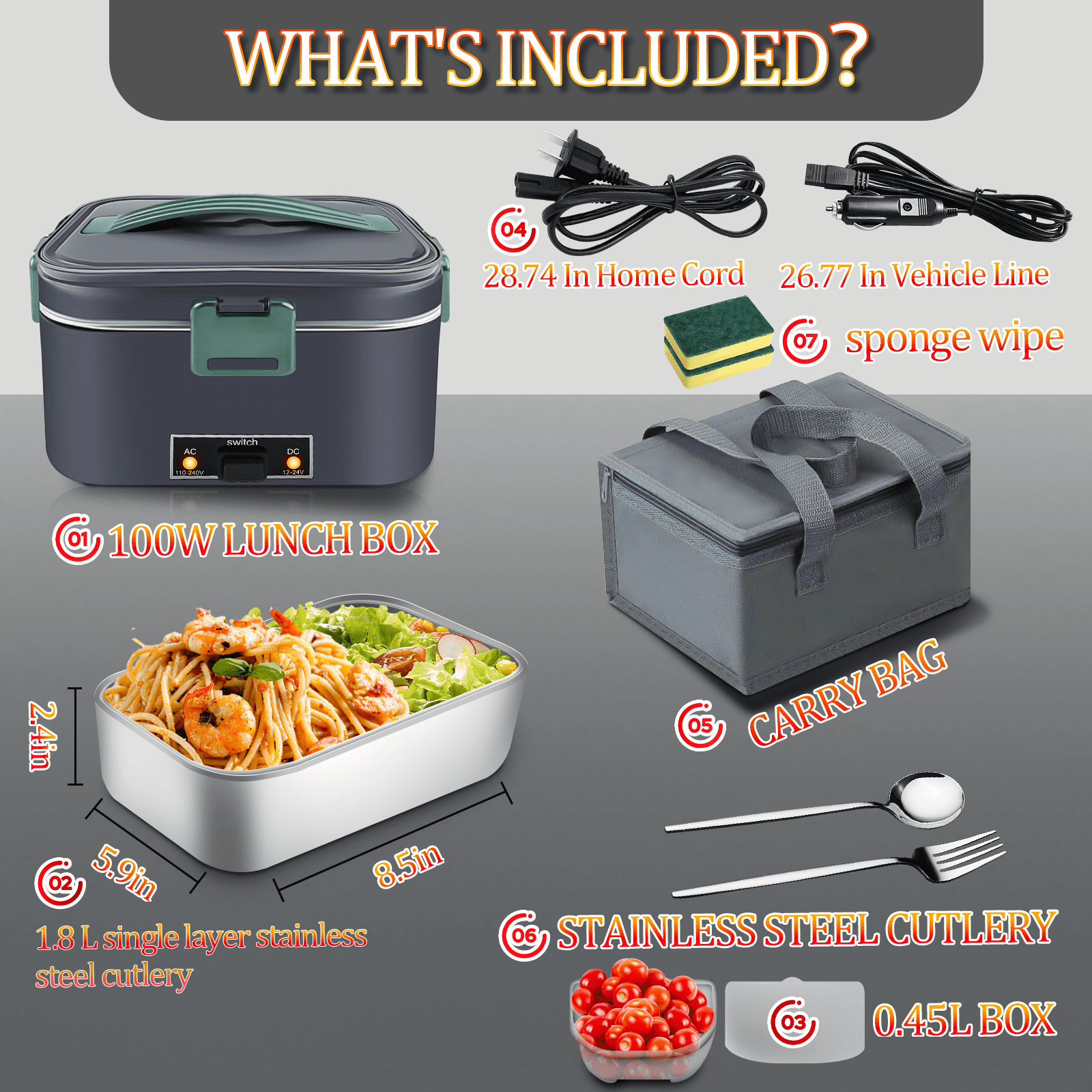 Electric Heated Lunch Box 100W -1.8L Fast Self Heating Lunch Boxes Portable Food Heater for Adults,12V/24V/110V with Leak-Proof Compartment Lid for Car Truck Office Home Green (3 Times Faster)