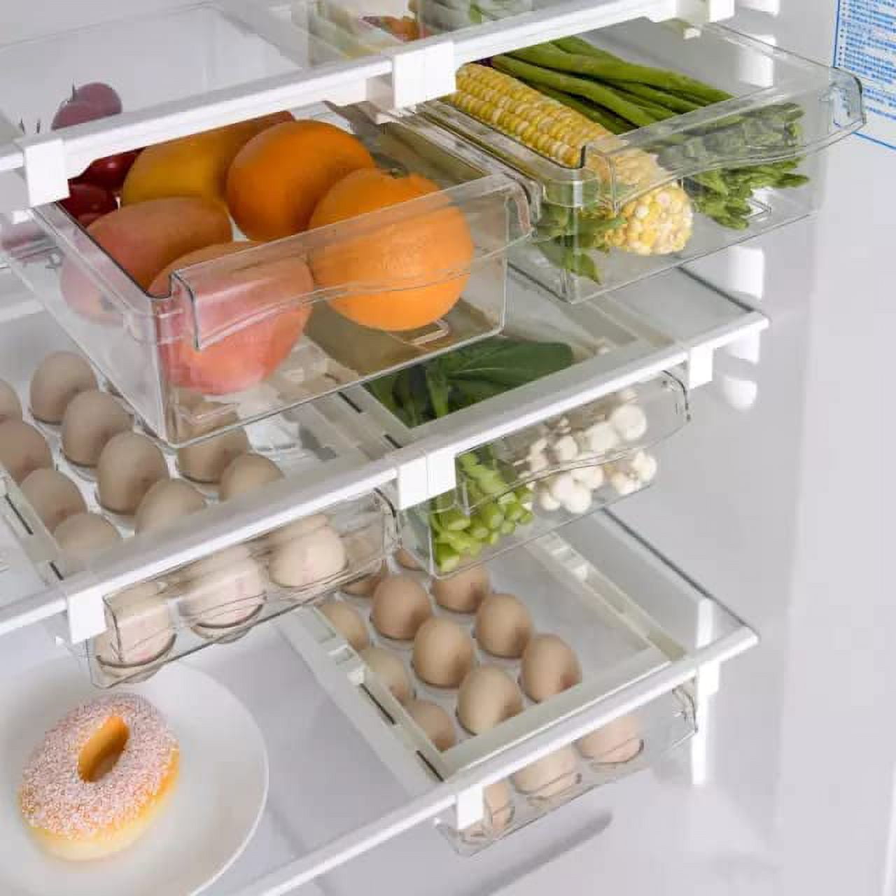 Transparent Pull Out PET Plastic Clear Refrigerator Fridge Drawer Storage Organizer Bin, Set Of Two - Clear And Egg Layout.