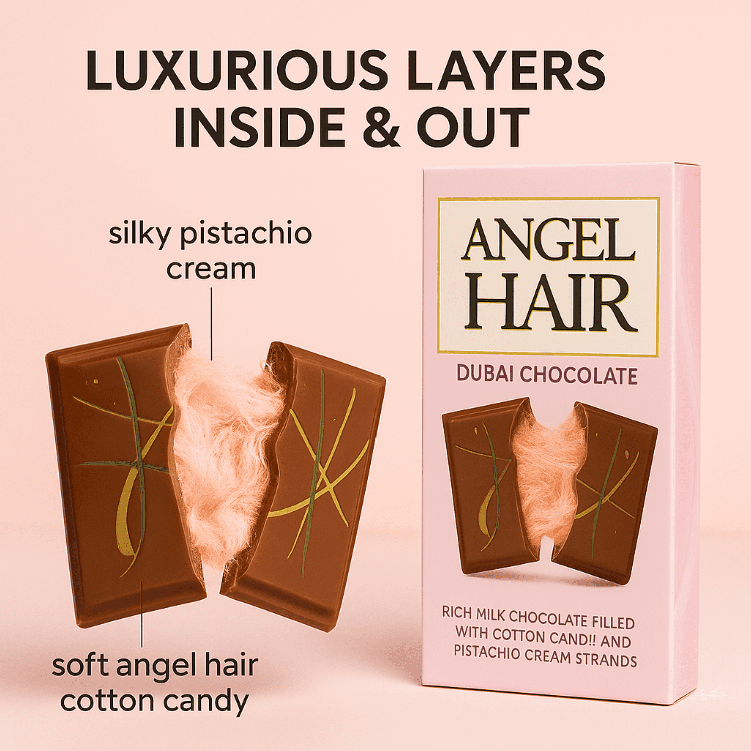 Zimply Foods 2 Pack 2.65 Oz Angel Hair Dubai Chocolate Bar - Pink Chocolate Bar - Premium Dubai Chocolate Candy with Milk Chocolate, Cotton Candy & Pistachio Cream Strands, Luxurious Layers