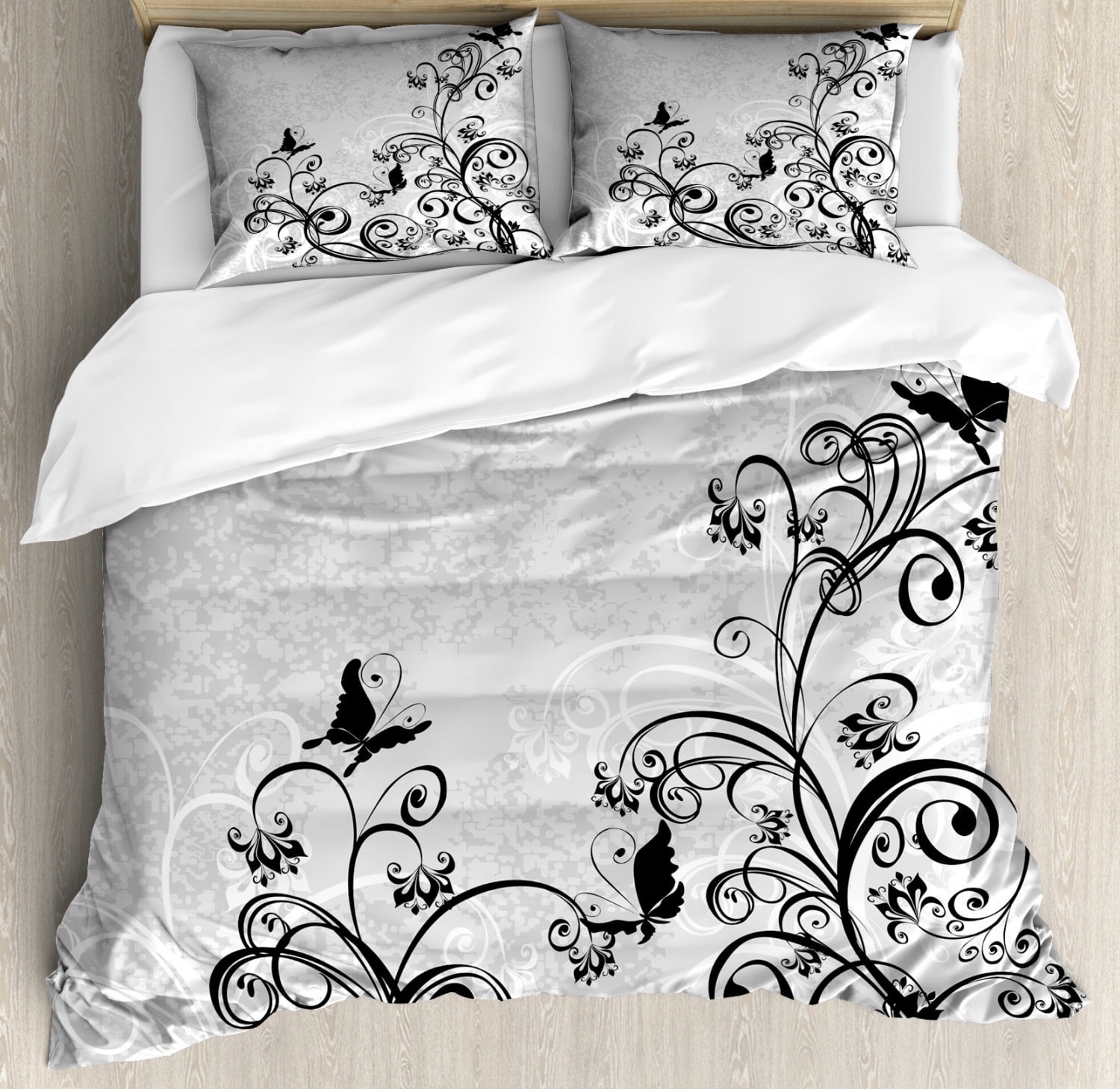 Black and Grey Duvet Cover Set King Size, Grunge Illustration of
