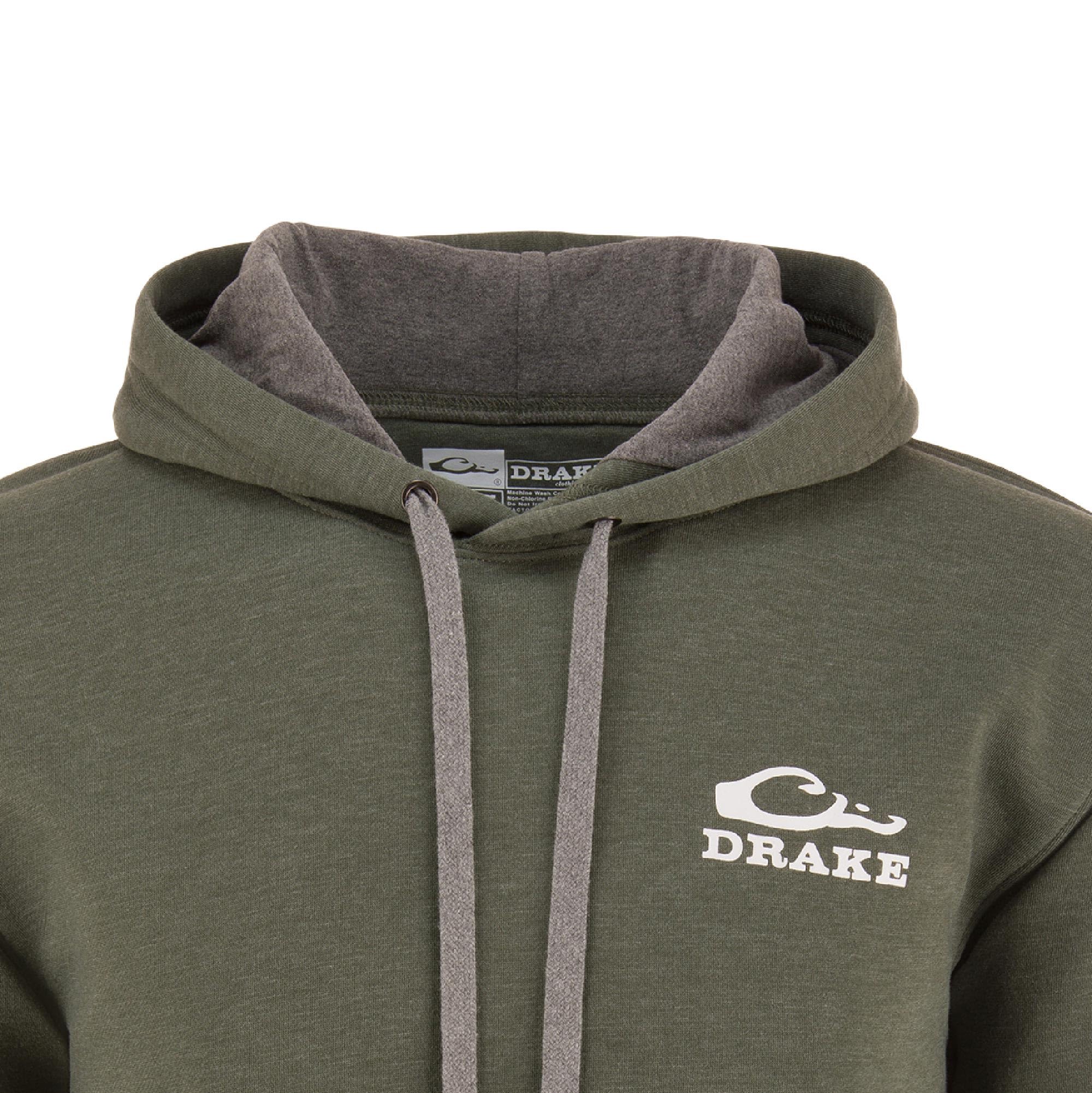 Drake Waterfowl Men's Logo Hoodie ? Midweight Cotton-Poly Fleece Pullover with Jersey-Lined Hood, Deep Depths Dark Heather, Medium