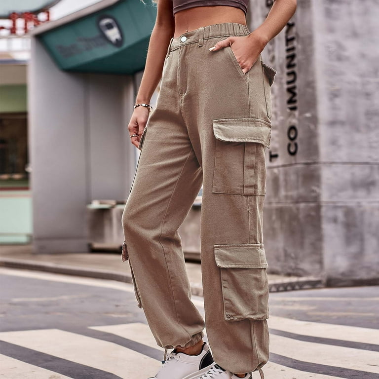 Stretch Cargo Pants for Women Solid Elastic Waist Denim Work Pants Multi  Pockets Comfy Streetwear Jogger Pants Loose Pants(XL,Khaki) 