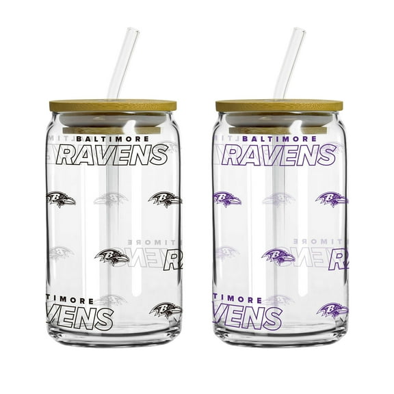 Logo Brands Baltimore Ravens 16oz. Step And Repeat Glass Can with Lid & Straw 2-Pack