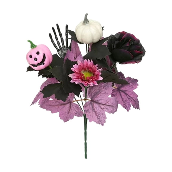 Ouuluon Gothic Halloween Artificial Bouquet, 13 inch Pink White Pumpkin Maple Leaf for Autumn Thanksgiving Decor