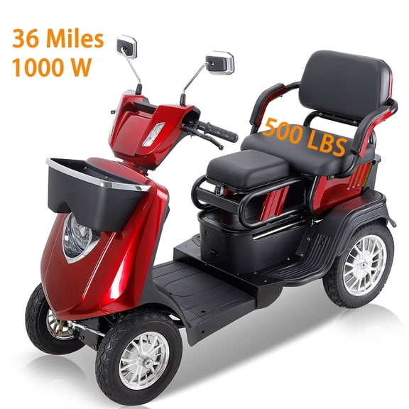 QEEKA 4-Wheel Mobility Scooter, 2-Seater Electric Scooter with Adjustable Seat, 500 lb Capacity, Red