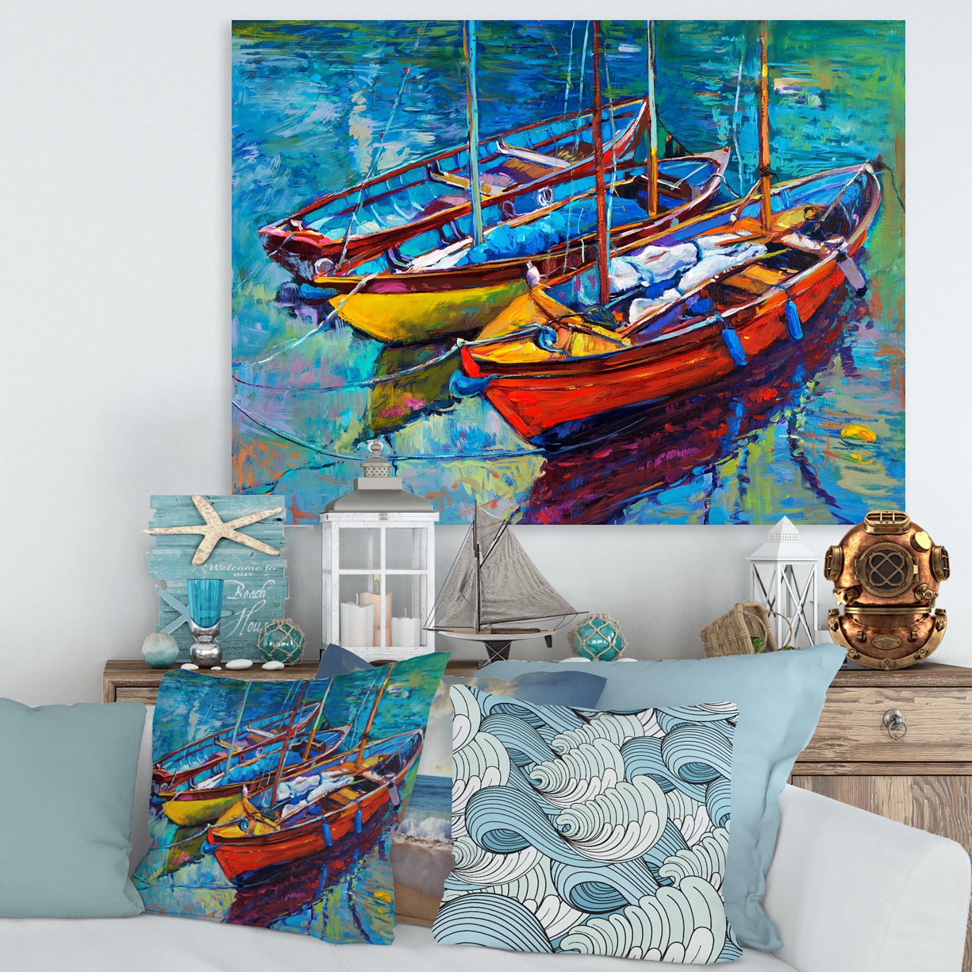Three Colorful Boats In The Harbor 32 in x 16 in Painting Canvas Art Print, by Designart