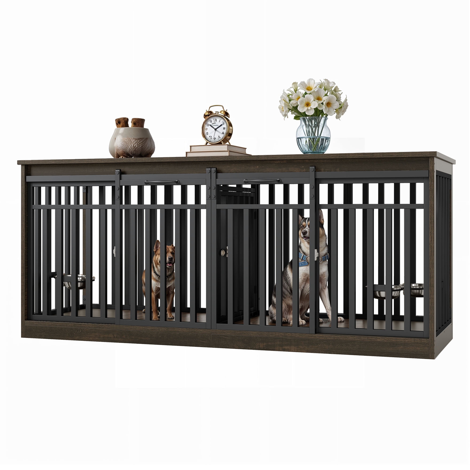 Dextrus 71" Dog Crate Furniture with 4 Dog Bowls for 2 Dogs, Heavy Duty Wooden Dog Kennel Crate TV Stand - Black Oak