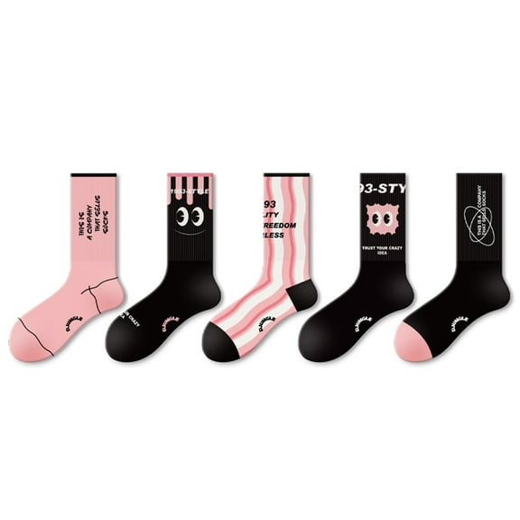 JSEMOY Women's Crew Socks Pink Black Patterned Cotton Blend, 5 Pack