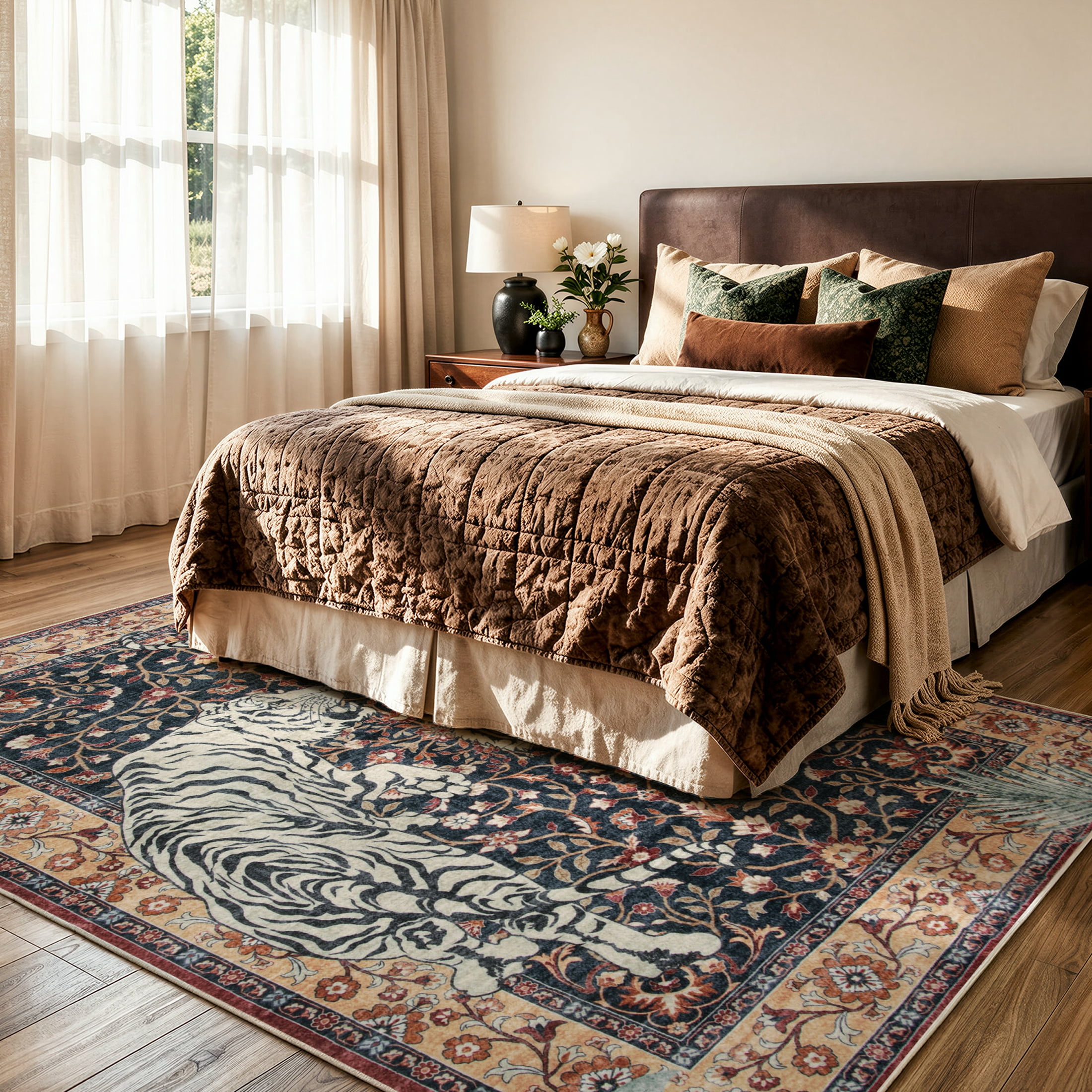 Moynesa 5'x7' Vintage Tiger Area Rug, Washable Traditional Oriental Rug for Living Room Bedroom Dining Room, Distressed Botanical Floral Accent Carpet, Low Pile Non Slip Stain Resistant, Burgundy