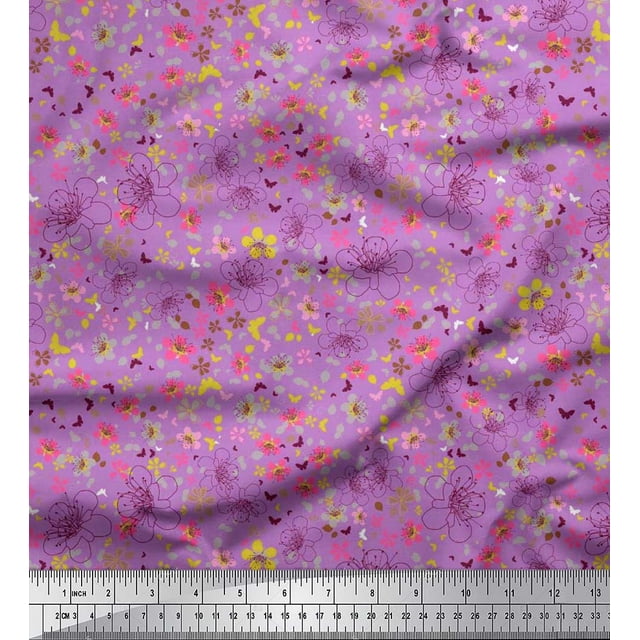 Soimoi polyester Crepe Fabric Leaves,Butterfly & Flower Floral Print Sewing Fabric Yard 52 Inch Wide