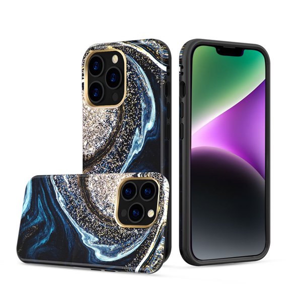 Eclipse Galaxy Series (Dual Protection) Marble Case Compatible with iPhone 14 Pro Max - Black Blue