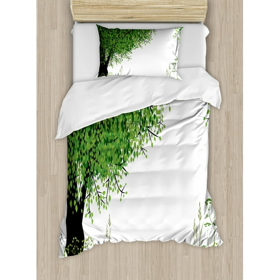 Nature Duvet Cover Set Twin Size, Tree Grass at Park Herbs Summer Season Eco Environment Mother Earth Image, Decorative 2 Piece Bedding Set with 1 Pillow Sham, Fern Green Black, by Ambesonne