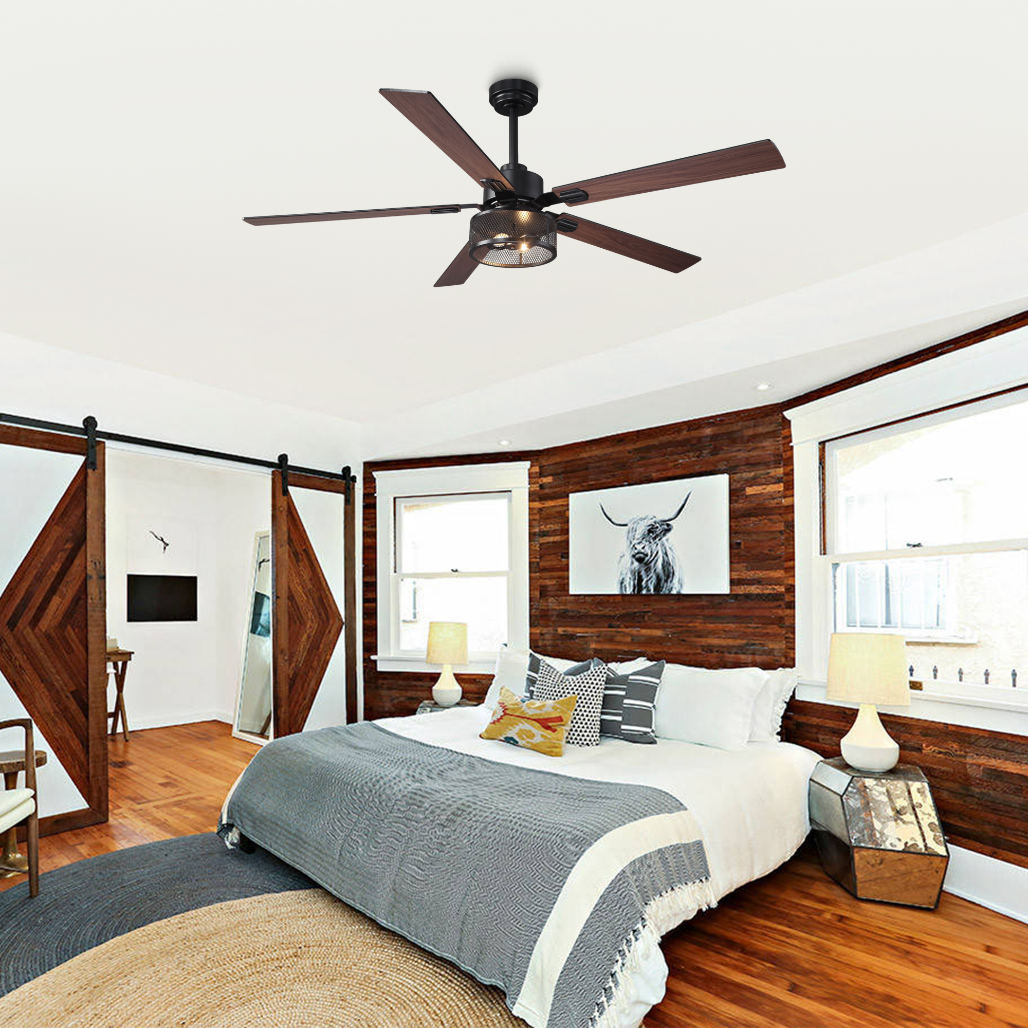60" Industrial Large Black Smart Ceiling Fan with Dimmable LED Light and Remote