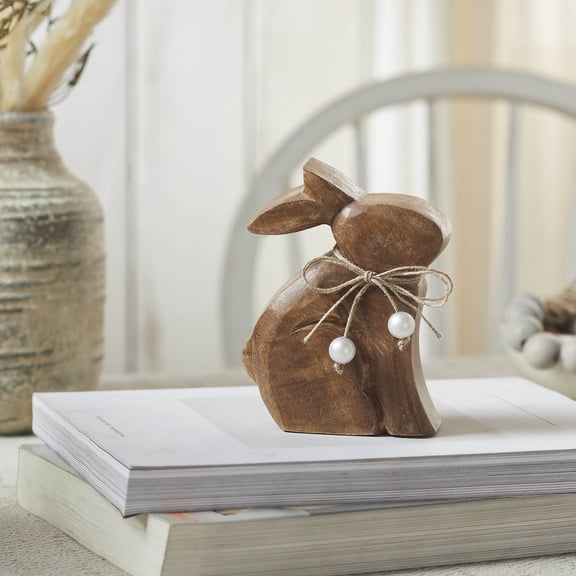 VHC Brands Bunny Hop Wooden Sitting Bunny Natural w/Pearl Beads 4.25x5.5, Spring Decorations, Home and Table Decor, Spring and Easter Figurines