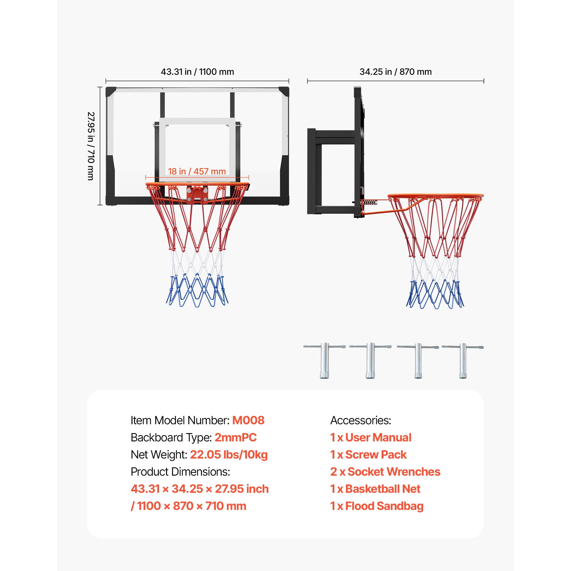 KFFKFF Wall-Mounted Basketball Hoop, 44-inch PC Backboard with Durable Steel Frame, 0.08-inch Thick Backboard, Reinforced Nylon Net, Suitable for Indoor and Outdoor Play
