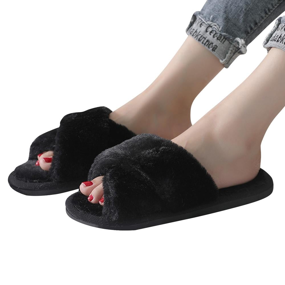 Indoor Outdoor Women Simple Fuzzy Fleece Soft Open-Toe Washable Home House Slippers Slip Shoes On Memory Foam Clog 