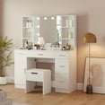 thumbnail image 1 of Bingirl Vanity Desk with Mirror and LED Lights, Makeup Vanity with Power Outlet, 3 Colors Light, Makeup Table with 5 Drawers & Open Shelves for Bedroom, 1 of 7