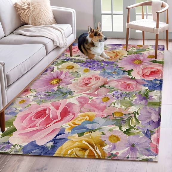 Purple Pink Floral Area Rugs 3'x5', Washable Small Throw Rugs for Living Room Bedroom, Spring Farmhouse Country Vintage Flower Indoor Outdoor Rug Non-Slip Low Pile Carpet Runner Reversible Floor Mats