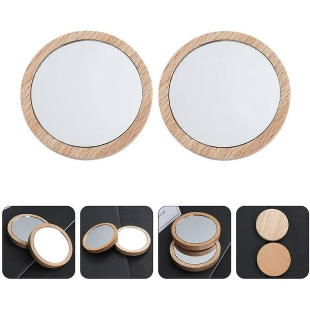 2pcs Mini Wooden Mirror Portable Compact Mirror Round Pocket Makeup Mirror  Compact Vanity Handheld Mirror for Travel Camping Homes 