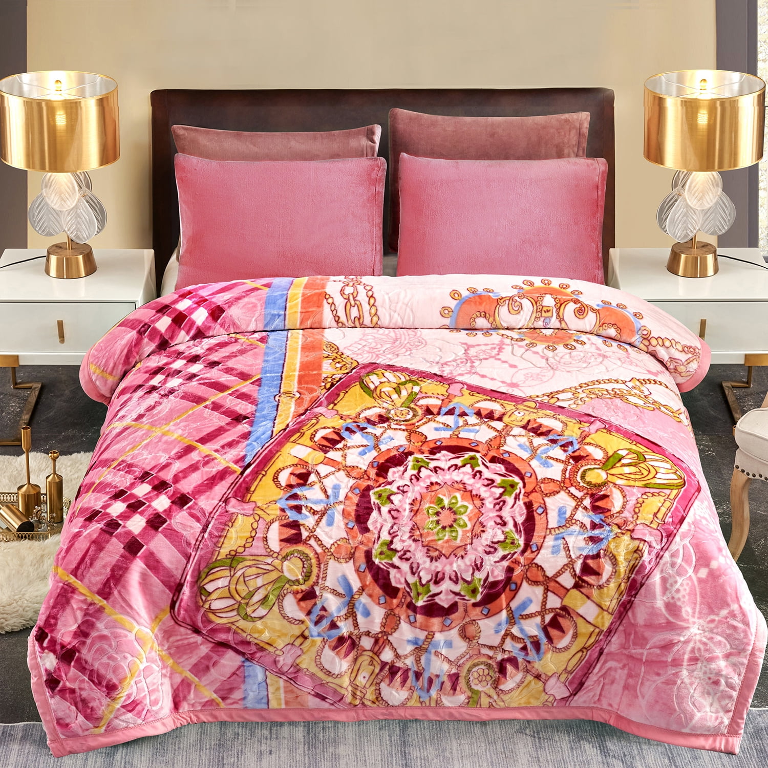 JML Fleece Bed Blanket Queen ,2 Ply Soft Warm Plush Blanket,Pink Floral,79" x 89",5.3lb