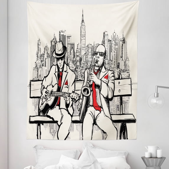 Retro Tapestry, Jazz Men Band Playing Beats in New York at Night Retro Style Illustration Print, Fabric Wall Hanging Decor for Bedroom Living Room Dorm, 5 Sizes, Red Black Ecru, by Ambesonne