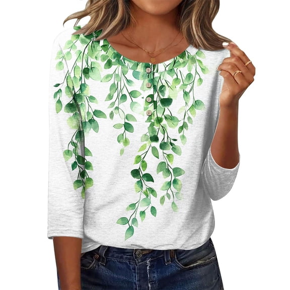 Tops for Women 3/4 Sleeve Round Neck Fashionable Printed Casual Button T-Shirt