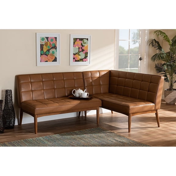 Baxton Studio Sanford Mid-Century Modern Tan Faux Leather Upholstered and Walnut Brown Finished Wood 2-Piece Dining Nook