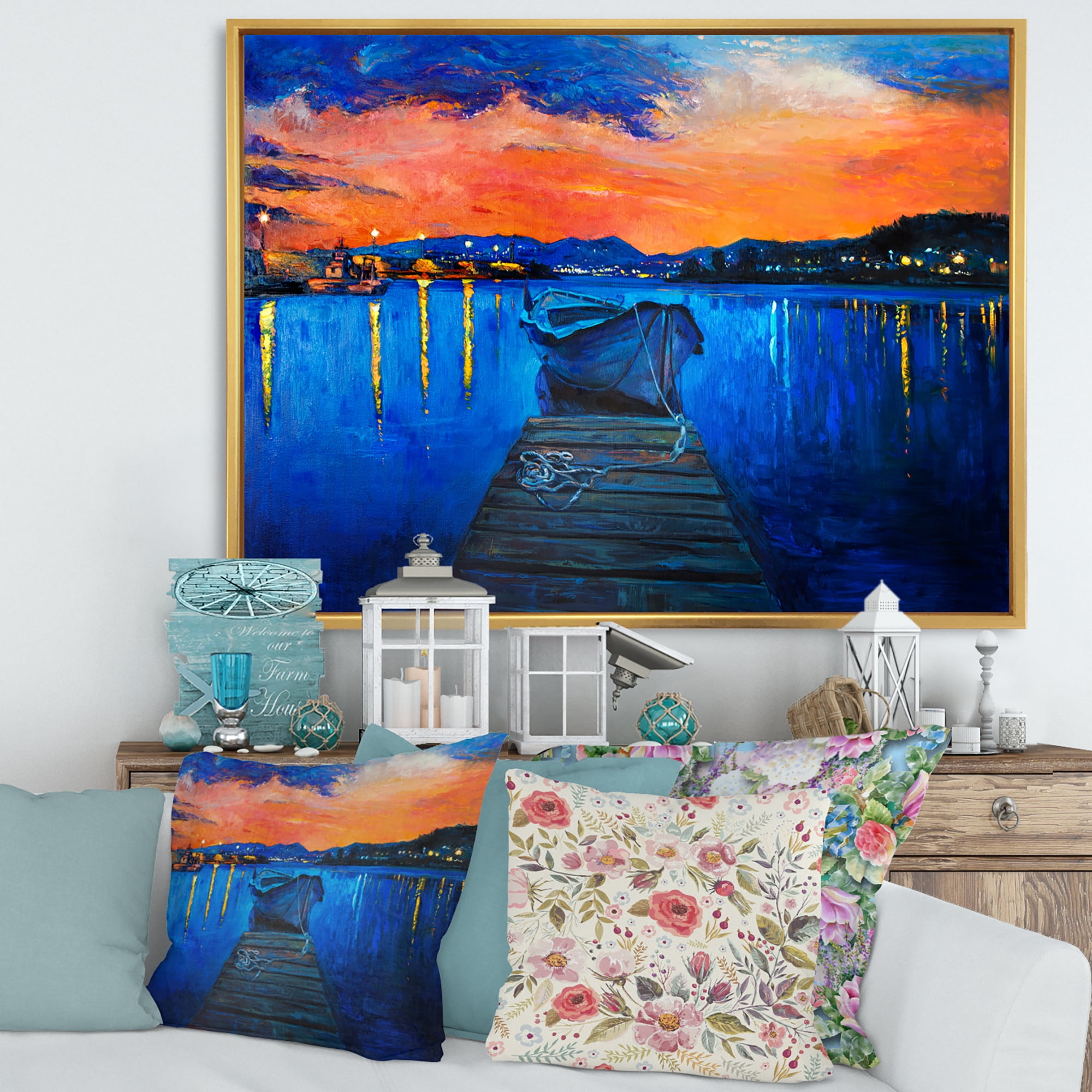 Designart 'Boats During Warm Sunset Resting On The Water III' Nautical & Coastal Framed Canvas Wall Art Print