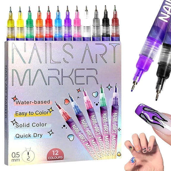 12 Colors Nail Art Pens Set, 2026 New Nail Doodle Pens for Kids with ink reservoir, Quick Dry & Water-Based DIY Nail Design Pens for Beginners & Professionals
