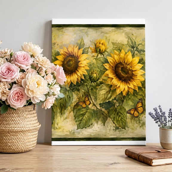 Yellow Sunflower Canvas Wall Art for Living Room, Summer Rustic Floral Butterfly Leaf Farmhouse Poster Print Painting for Entryway Side Of Cabinet Decoration Wall Pictures Prepare To Hang 8"x12"