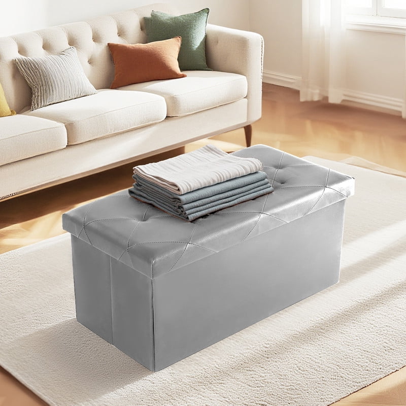 Gianna 30 Inches Folding Ottoman with Storage Bench, Foot Rest Stool, End of Bed Storage Bench Upholstered, Load 660 lbs, for Living Room, Synthetic Leather, Gray