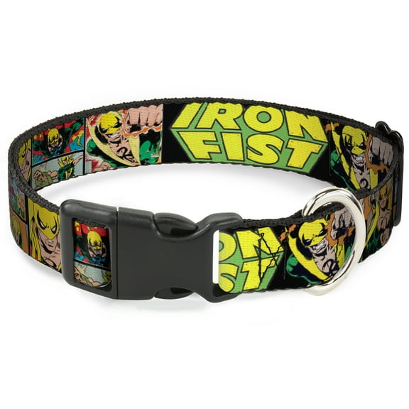 Marvel Comics Pet Collar, Dog Collar Plastic Buckle, Retro Iron Fist Action Pose Comic Scene Black Green Yellow, 7 to 8.5 Inches 0.5 Inch Wide