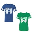 thumbnail image 1 of Old Beast Beauty Unisex Couple Matching Cotton Jersey style T-Shirt Contrasting stripes on sleeves (Men Royal / Women Green) (Men XL / Women L), 1 of 3