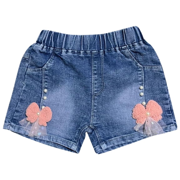 Girls Summer Denim Shorts Bowknot Decor Casual Pull-On Short Jeans Elastic Waist Cute Toddler Shorts 4T