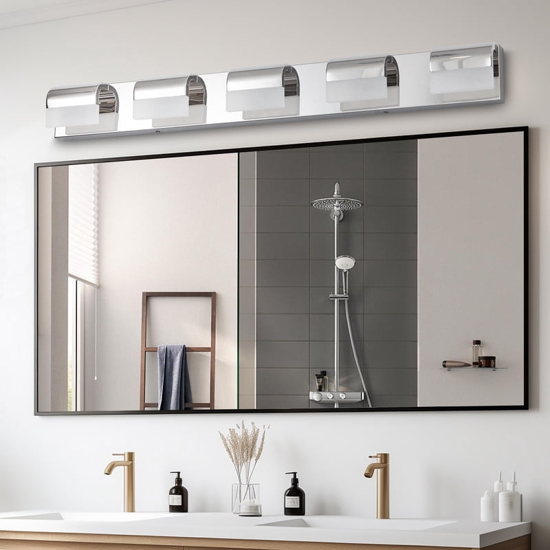 34" Modern 5-Light LED Bathroom Vanity Light, Chrome Bathroom Light Fixtures Over Mirror with Acrylic Shades, Dimmable Hardwired Vanity Lights for Bathroom, Powder Room, or Dressing Area