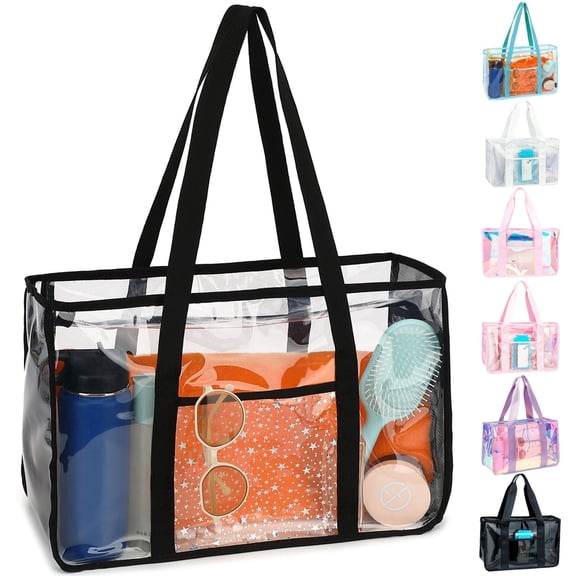 Large Clear Beach Bag , Plastic Beach Tote for Women & Girls,Pool Tote Bag With Zipper Closure, Waterproof, Sandproof,Cruise Vacation Essentials,Black