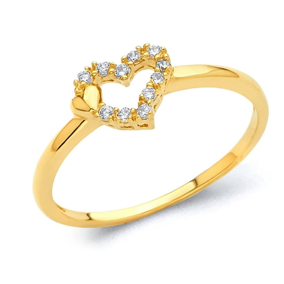 Wellingsale Ladies Solid 14k Yellow Gold Polished CZ Cubic Zirconia Heart Right Hand Fashion Ring - Size 4