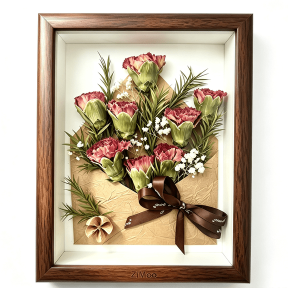 ZiMoo Preserved Carnation Flower Shadow Box Frame, Real Forever Dried Flower Arrangement Wall & Tabletop Decor