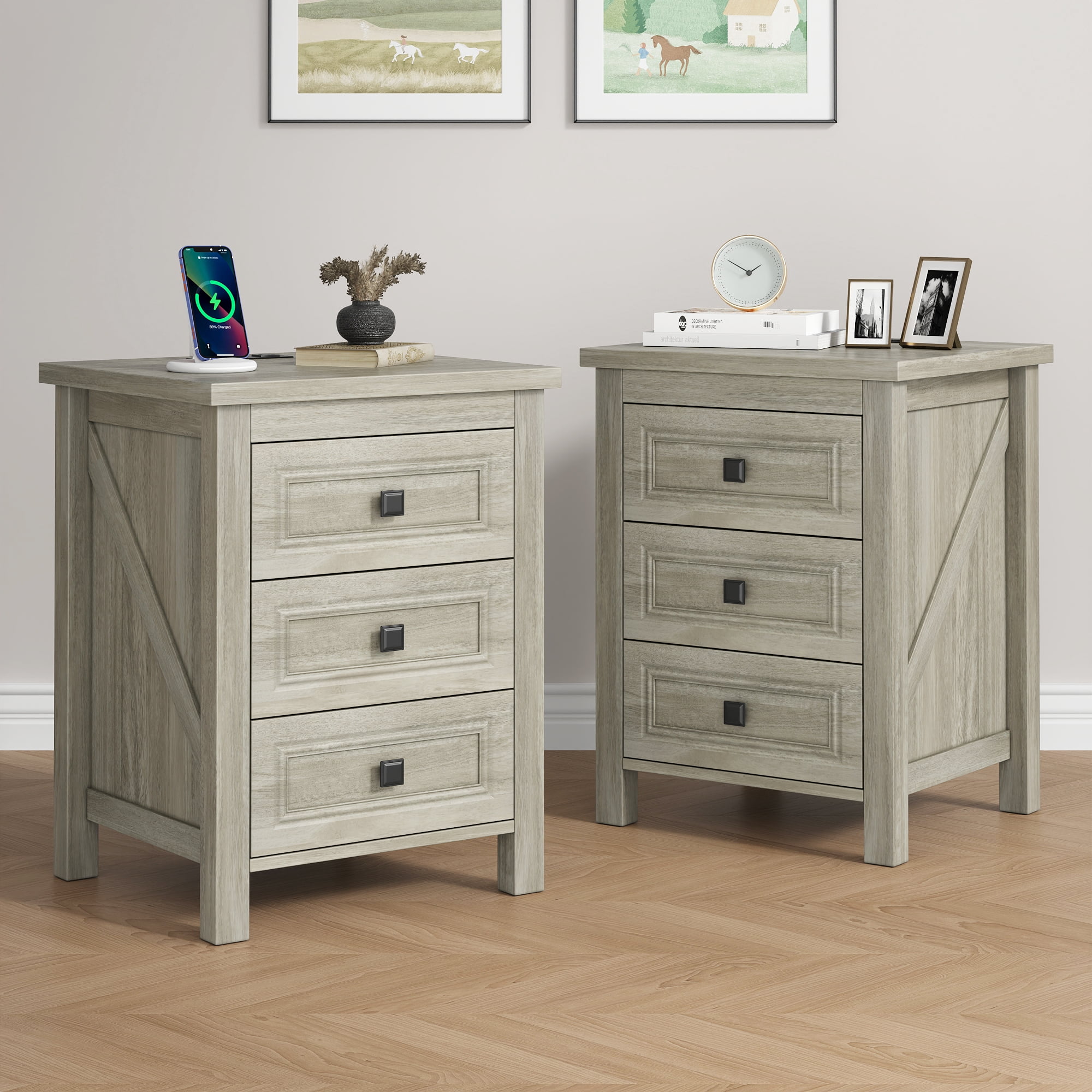 Nightstand, Bedside Table with Charging Station, Farmhouse 3 Drawer Nightstand Rustic Night Stand End Tables for Bedroom Living Room