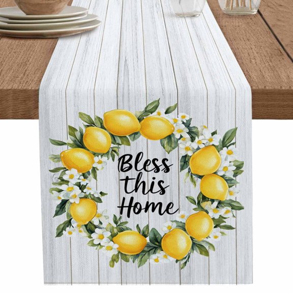 nqOlkjepod Summer Lemon Table Runner 72 Inches Long Farmhouse Dress Scarves, Farmhouse Country Grey Wooden Garin Dining Tablerunner for Coffee Table/Kitchen Island/Party Décor, 14" x 72"