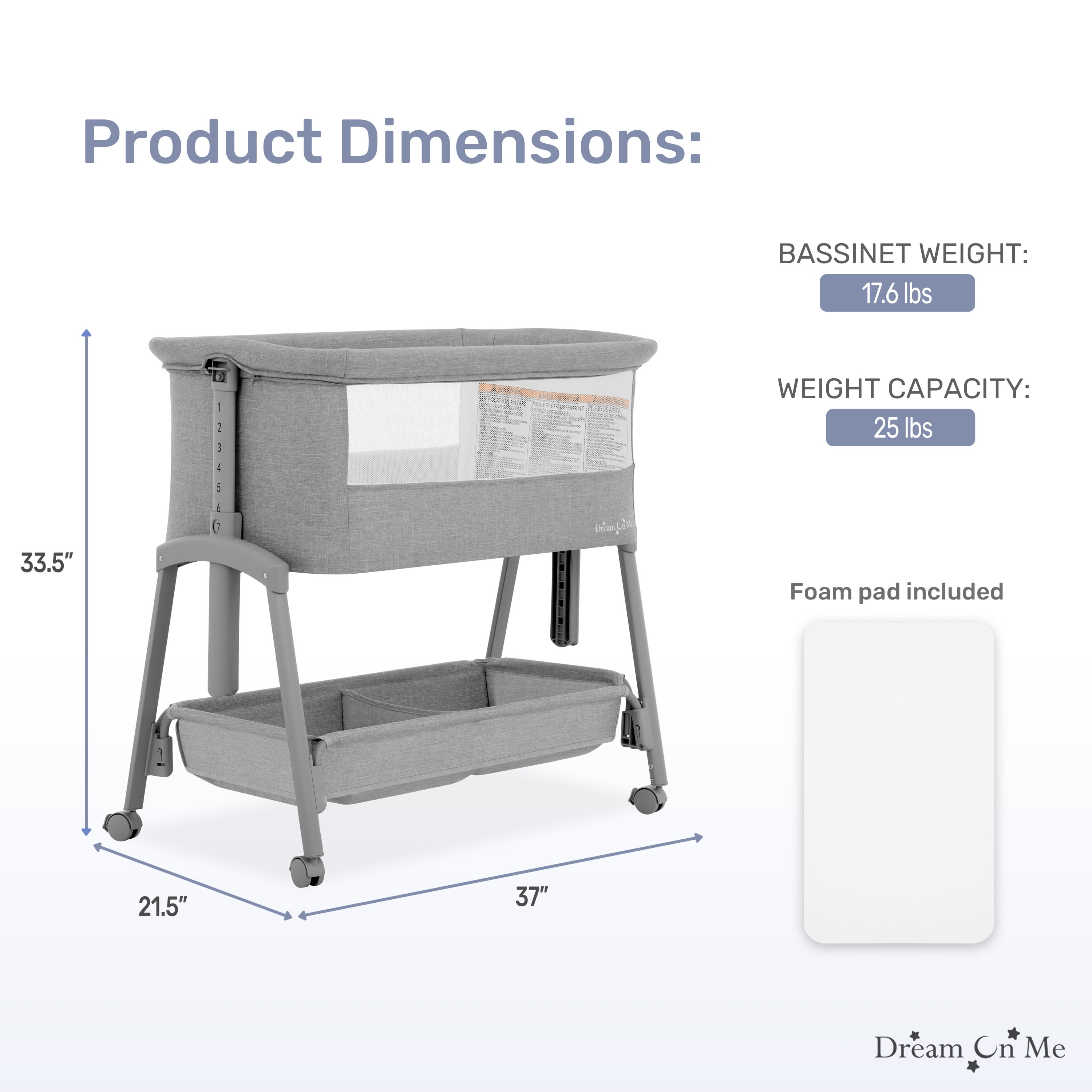 Dream On Me Calypso Portable Bassinet with Wheels, Adjustable Height, Gray