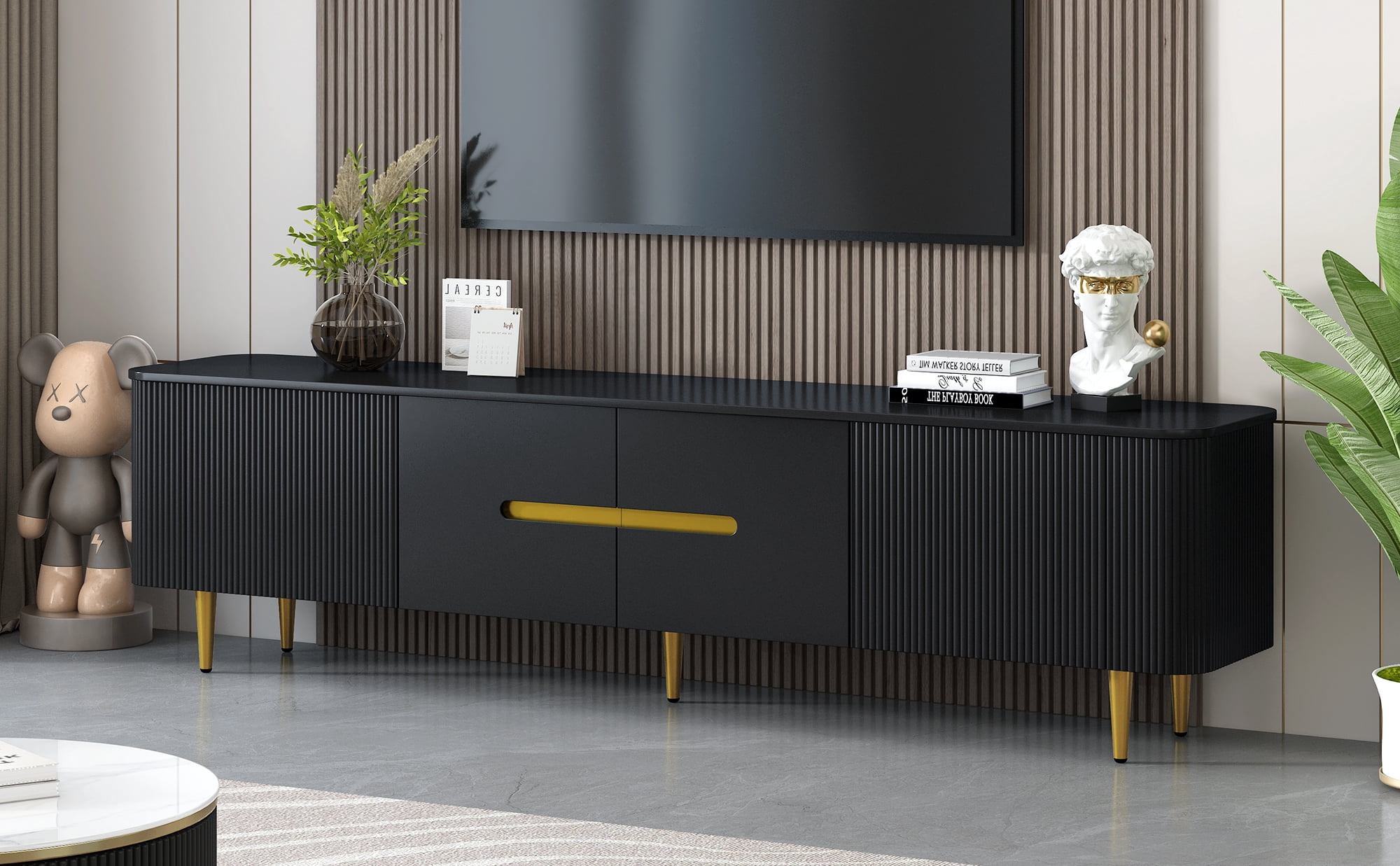 Euroco Modern Minimalist TV Stand with 4 Cabinets and Gold Metal Legs