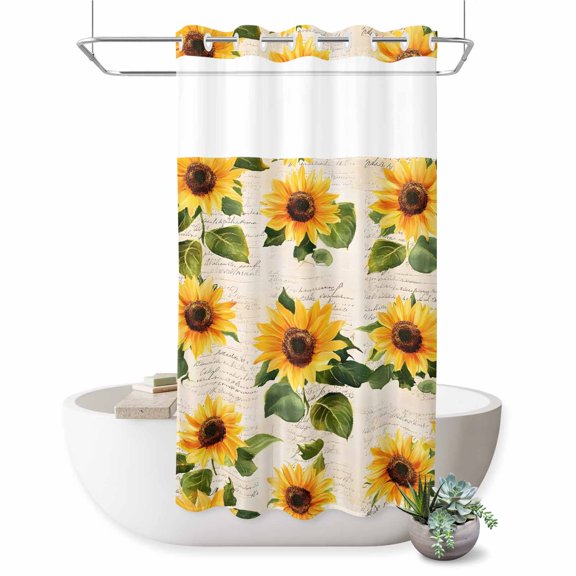 Vintage Sunflower No Hook Shower Curtain Watercolor Yellow Floral Farmhouse Shower Curtain with See Through Top Window, Waterproof Washable Fabric Curtain for Bathroom Hotel Decor, 36Wx72L