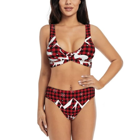 Zeuib Christmas Buffalo Plaid High Waisted Tummy Control Bikini Set - Knot Front Push Up Top & Cheeky Thong Bottom  Two-Piece Swimsuit for Women-Small