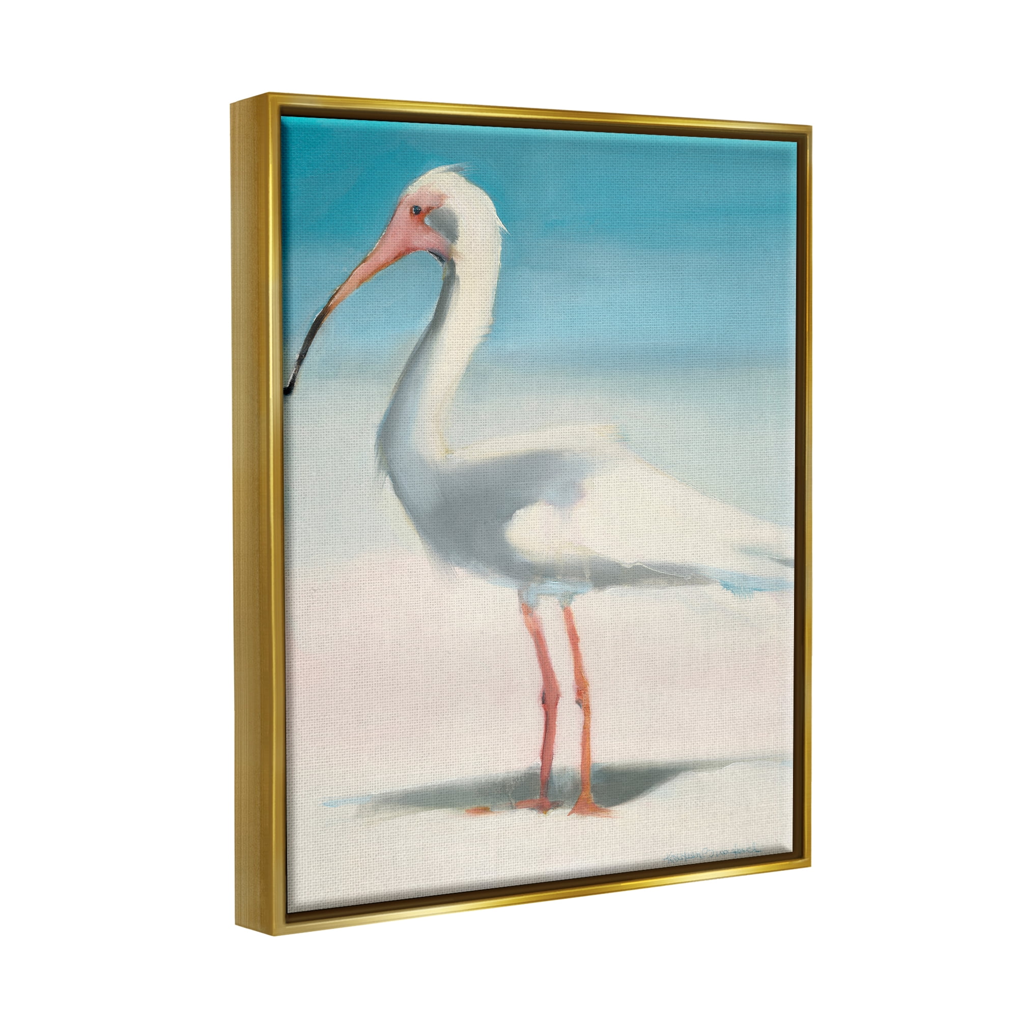 Stupell Industries Egret Portrait Beach Sand Gradient Coastal Painting Gold Floater Framed Art Print Wall Art