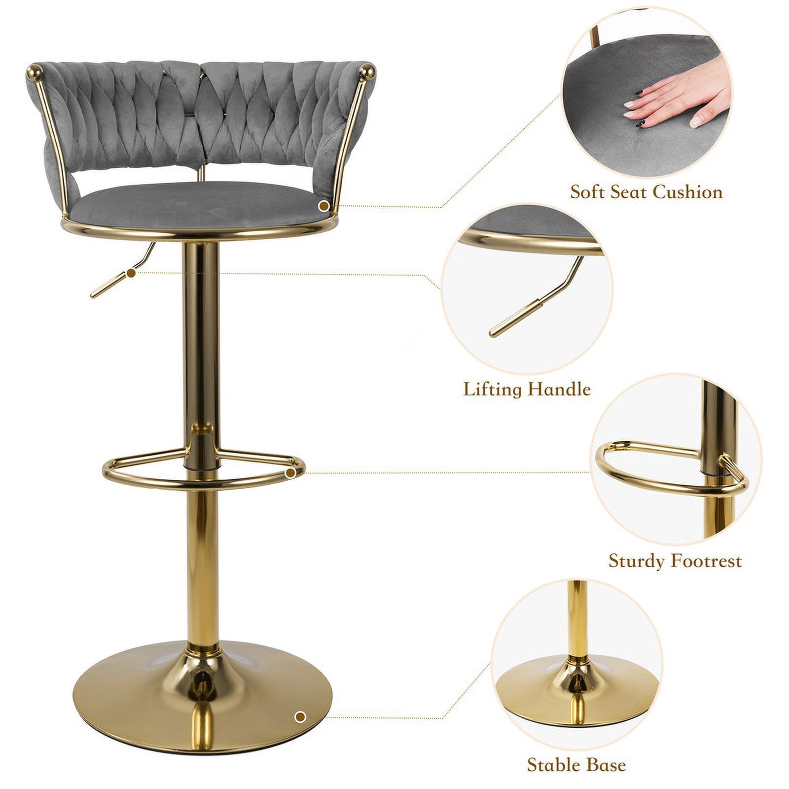 Hawsaiy Modern Velvet Bar Stool Set of 2 with Woven Back and Footrest for Kitchen, Bar, and Dining Spaces,Dark Gray