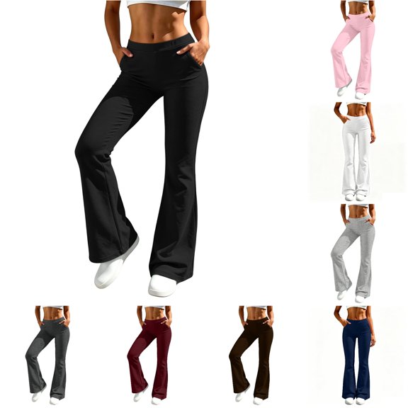 CUZIBR Women'S Flare Yoga Pants With Pocket High Waist Slim Fit Workout Stretch Pants Trendy Gym Running Daily Activewear Soft Dates Trousers,Black,L